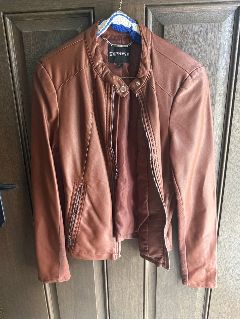 Express Women's Chestnut Brown Faux Leather Moto Jacket
